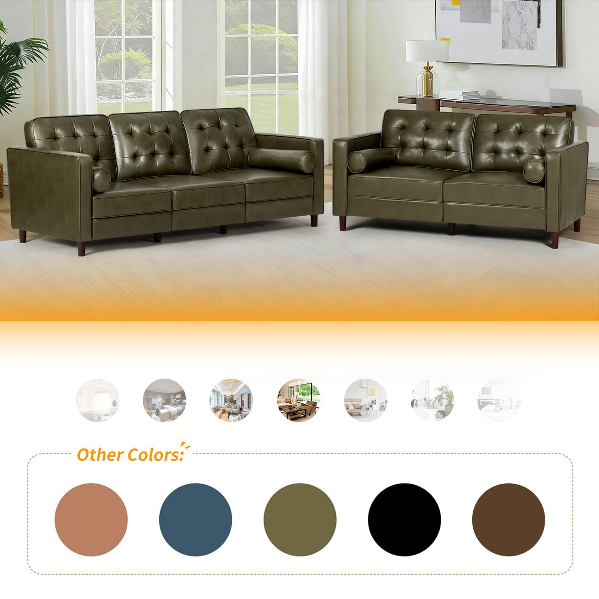 67" Olive Green Faux Leather 2-Seater Sofa with Bolster Pillows Y3797