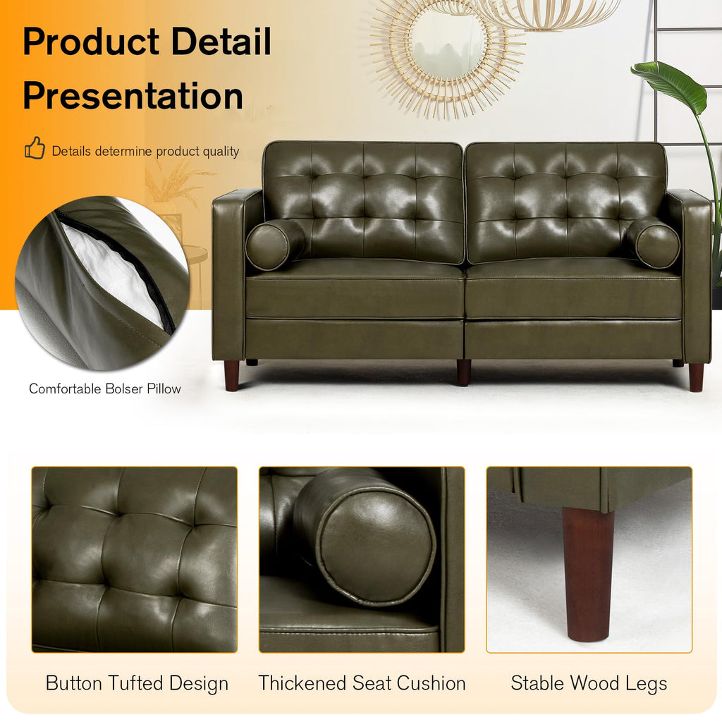67" Olive Green Faux Leather 2-Seater Sofa with Bolster Pillows Y3797