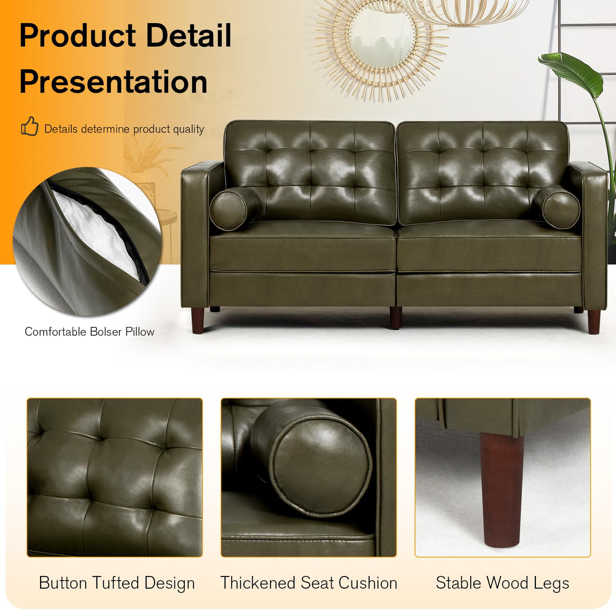 67" Olive Green Faux Leather 2-Seater Sofa with Bolster Pillows Y3797