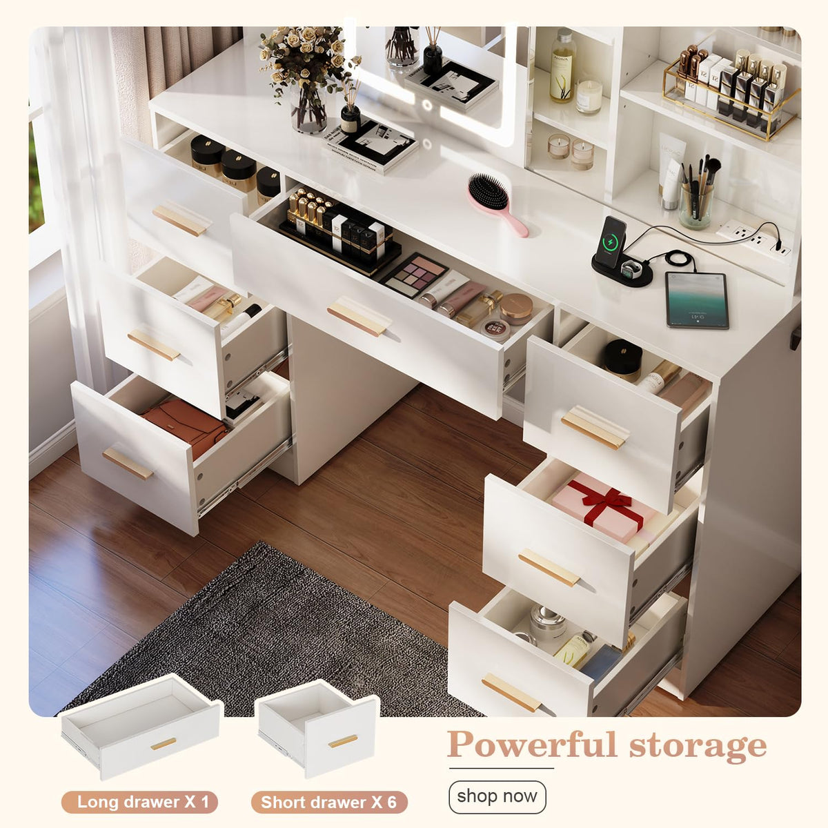 47'' White Vanity Desk with Mirror and Lights, 7 Drawers, 8 Storage Shelves R139