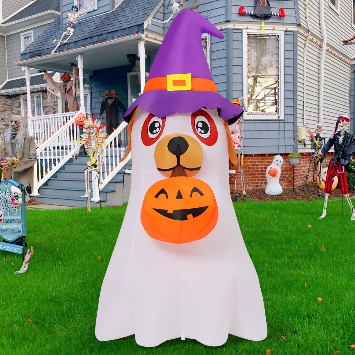 6.2 FT Halloween Inflatables Dog with Pumpkin Built-in LEDs B831943