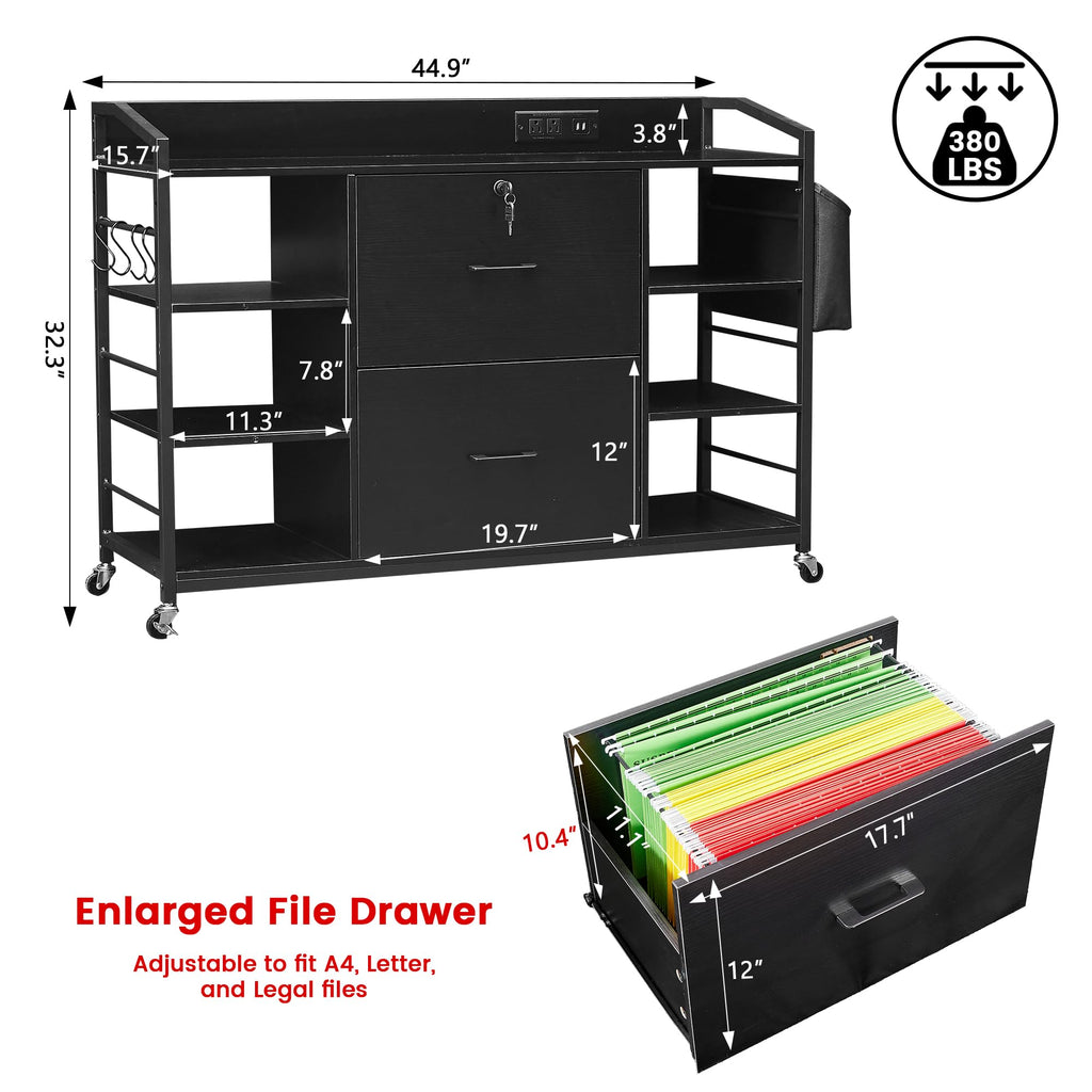 45" Black 2 Drawer File Cabinet with Lock and Power Outlet G3598