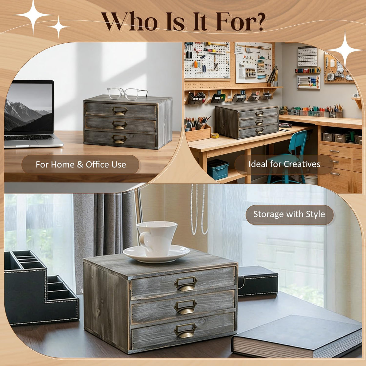 Solid Wood Grey 3 Drawer Desktop Organizer C371195