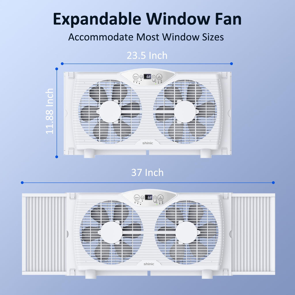 Twin Window Fan, 9-Inch Blades Reversible Airflow, Thermostat Control, 3 Speeds, 23.5"-37" Expandable Width F5216