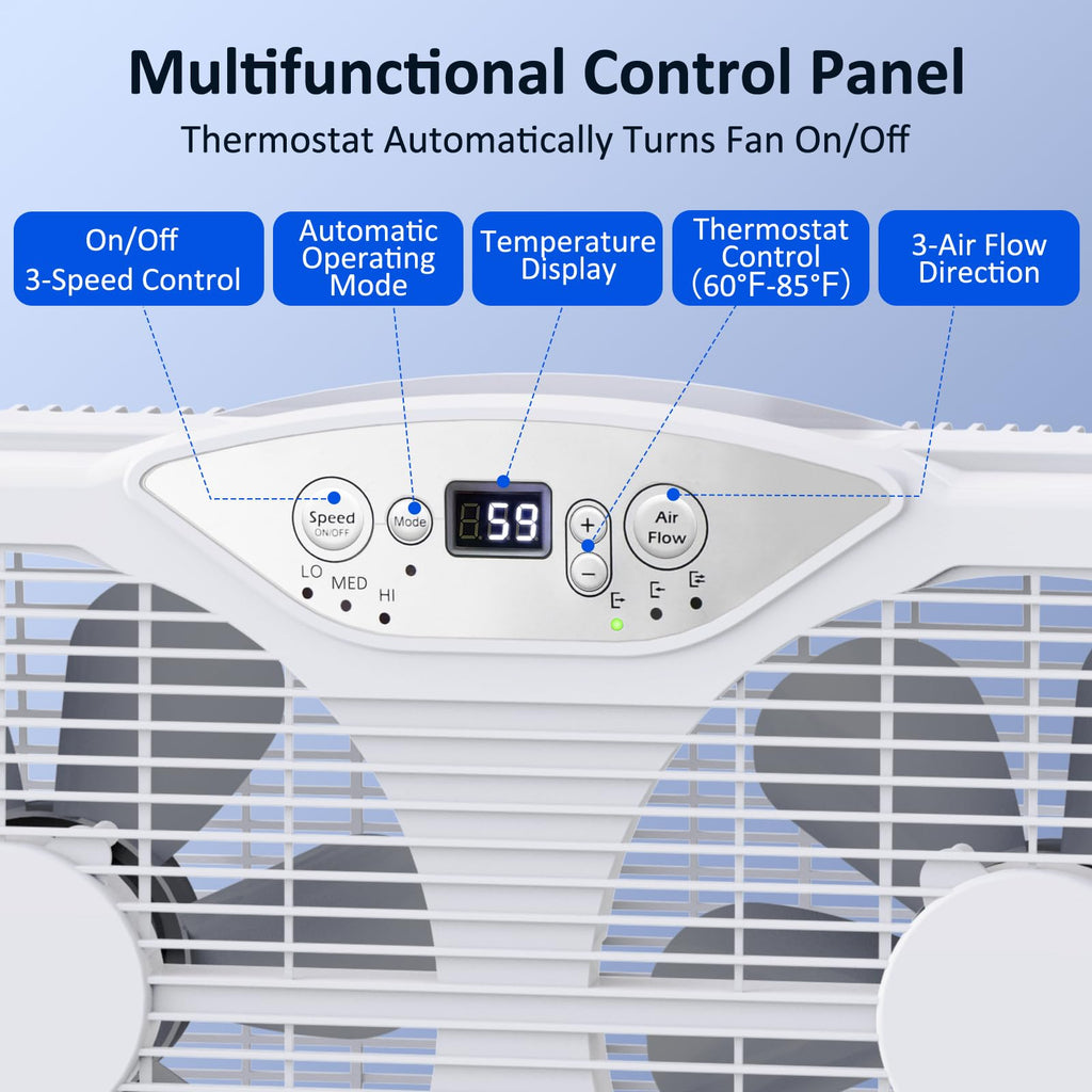 Twin Window Fan, 9-Inch Blades Reversible Airflow, Thermostat Control, 3 Speeds, 23.5"-37" Expandable Width F5216