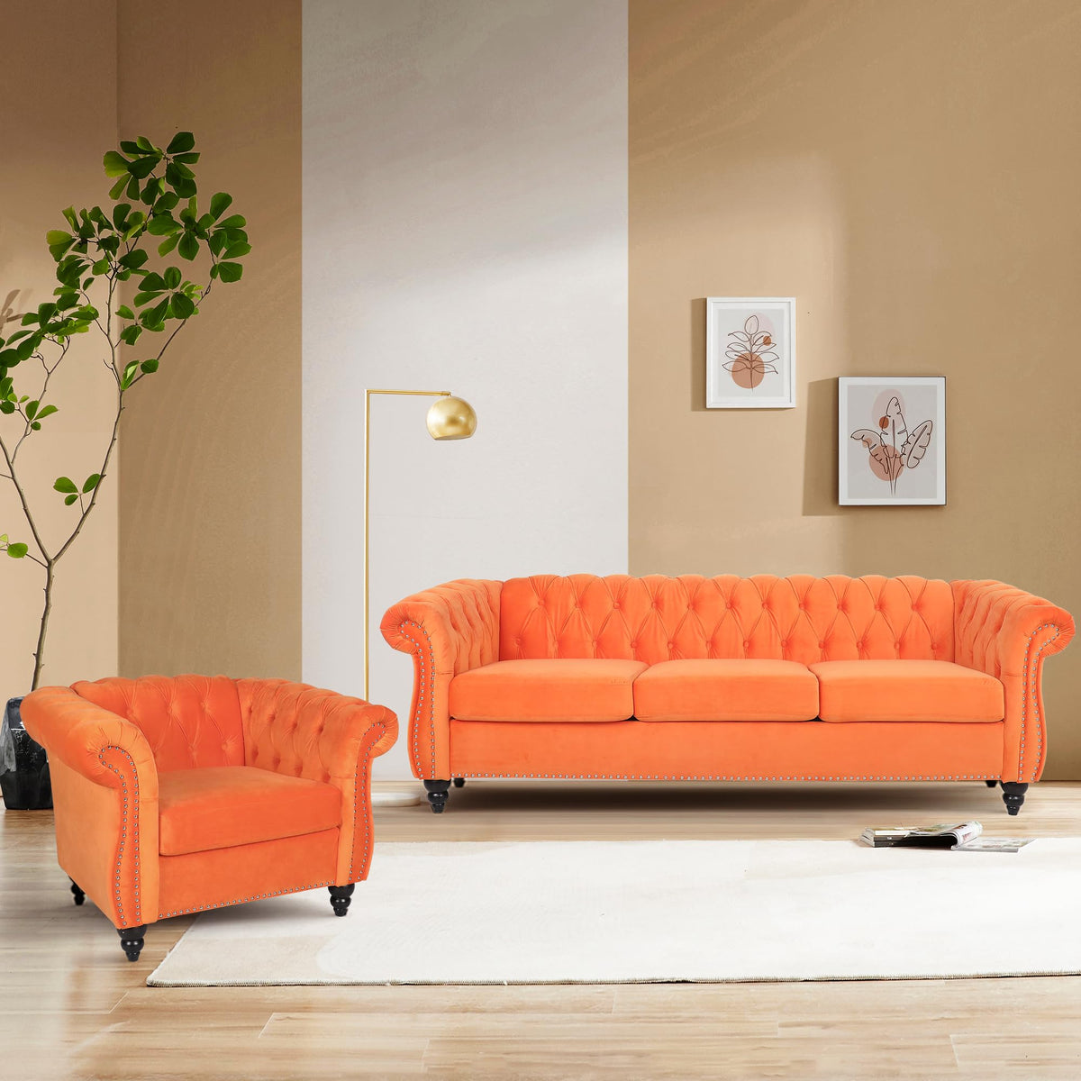 Orange Velvet Upholstered Accent Sofa Chair C3323