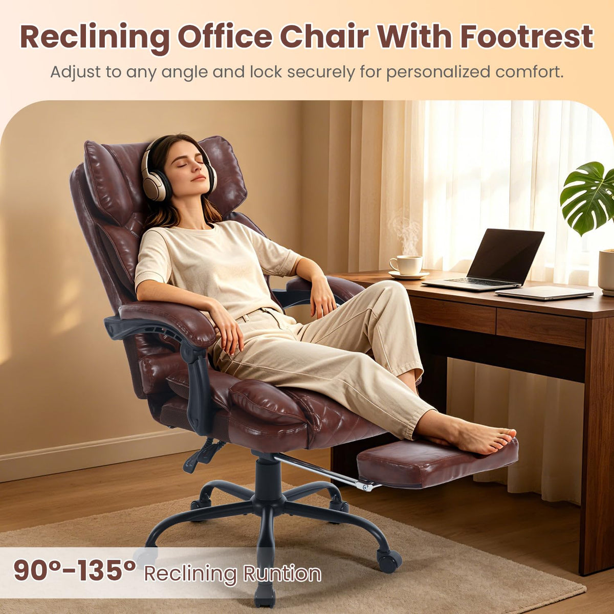 Brown Reclining Ergonomic Office Chair with Footrest B44738