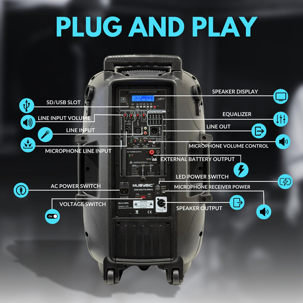 15" 2000W Portable PA Speaker System with Wireless Microphones Y562