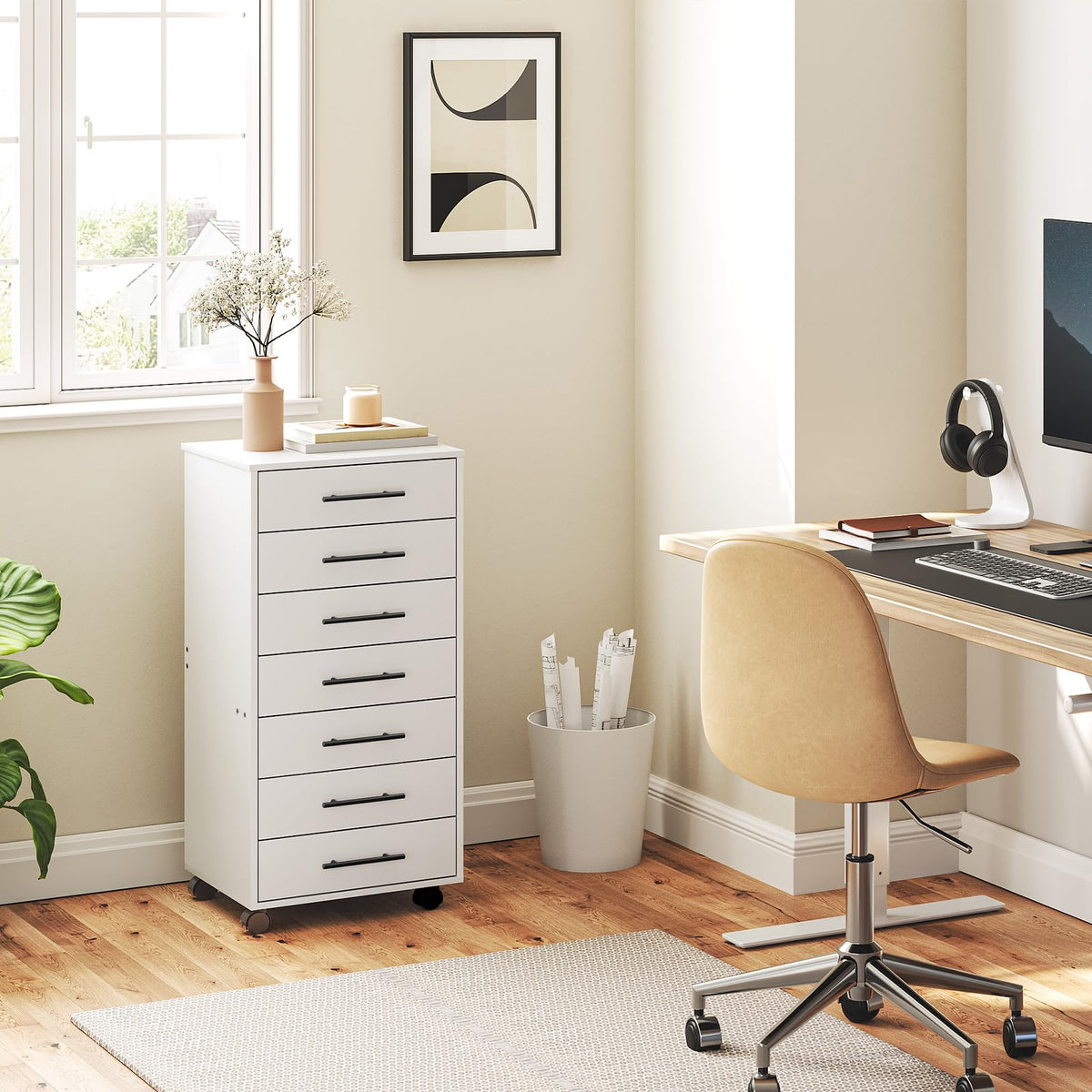 White 7 Drawer Wood File Cabinet I83502