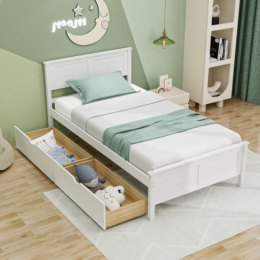White Wood Twin Bed with 2 Storage Drawers E896