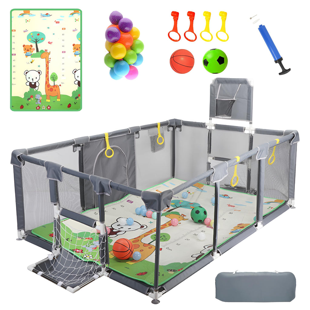 Large Baby Playpen with Foldable Mat, Basketball Hoop, Soccer Nets, 20 Balls, 4 Pull-Up Rings P4719