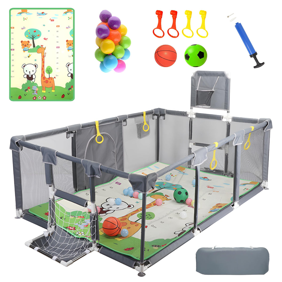 Large Baby Playpen with Foldable Mat, Basketball Hoop, Soccer Nets, 20 Balls, 4 Pull-Up Rings P4719