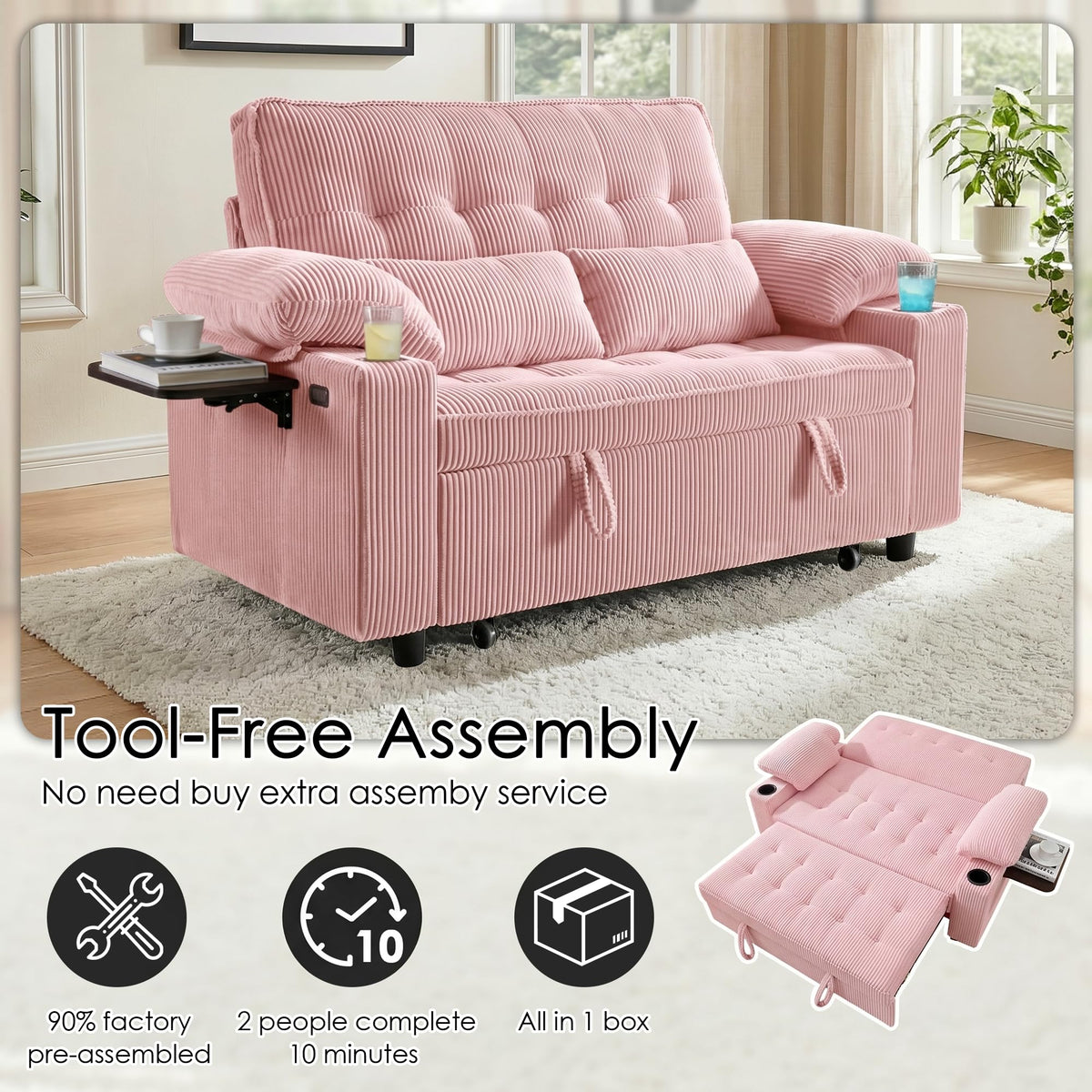 Pink Corduroy Full Size Sleeper Sofa Bed G17563