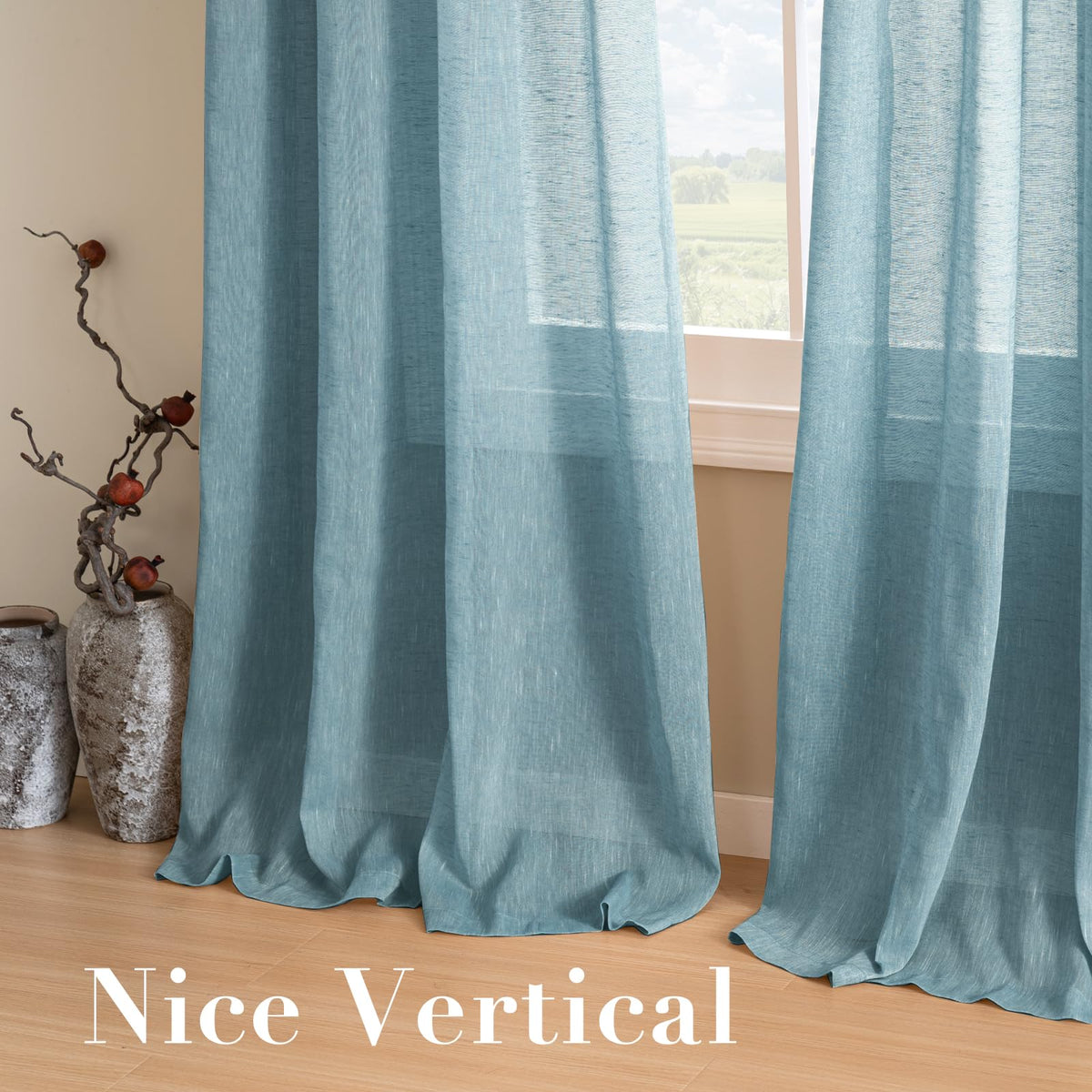 Natural Linen Curtain Panels Semi-Sheers Nickel Grommet Set of 2 Turquoise 52"W x 96"L N810
