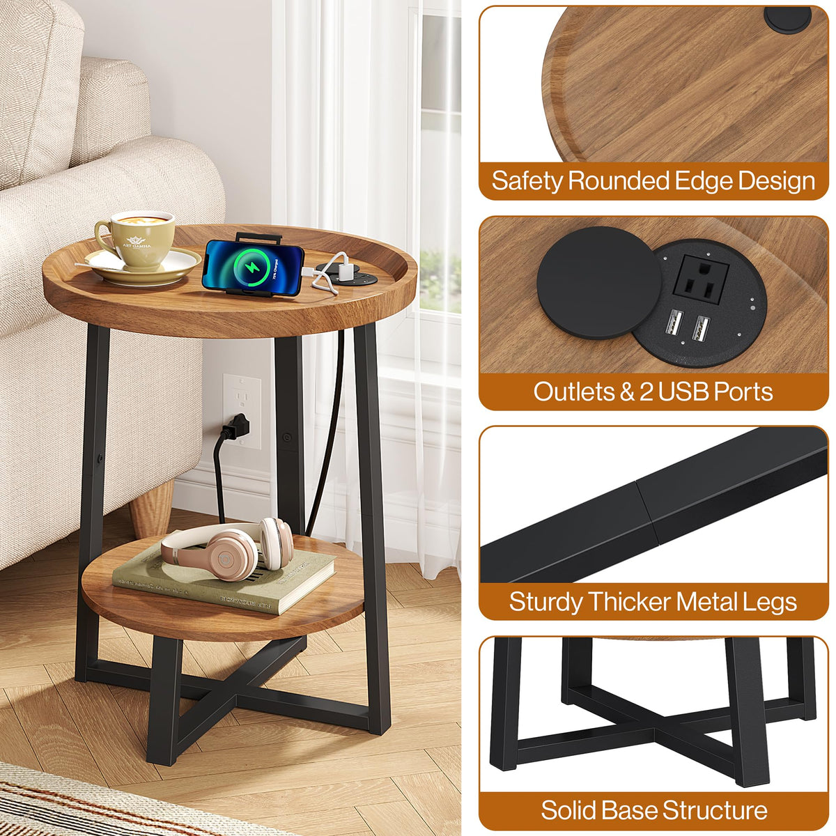 Round Side Table with Charging T619
