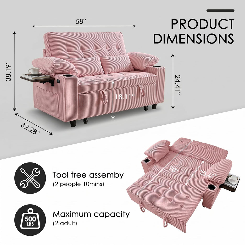 Pink Corduroy Full Size Sleeper Sofa Bed G17563