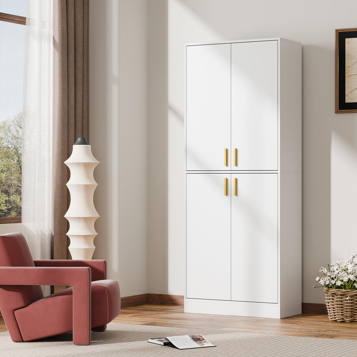 White Wood Storage Cabinet with Doors and Shelves T63439