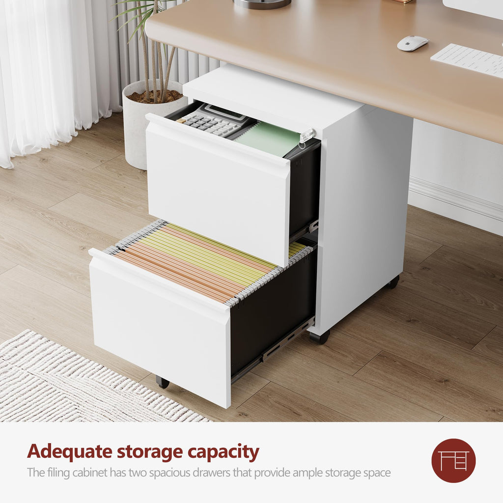 2 Drawer White Metal File Cabinet with Lock and Wheels K842269