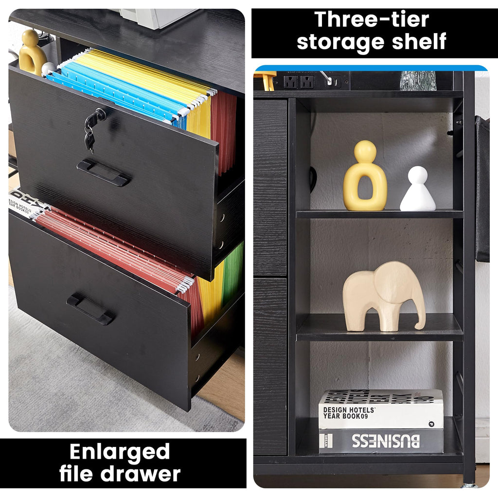 45" Black 2 Drawer File Cabinet with Lock and Power Outlet G3598