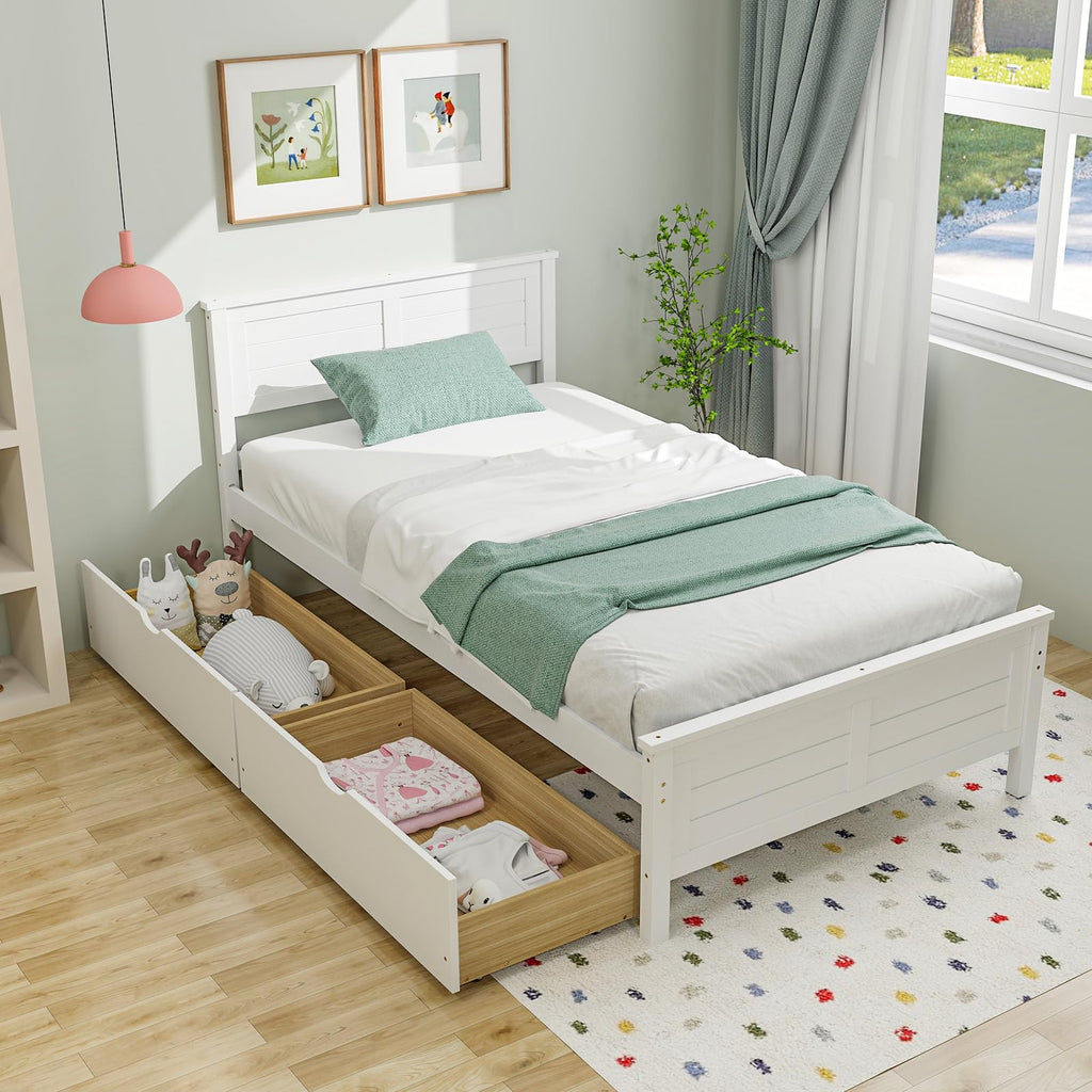 White Wood Twin Bed with 2 Storage Drawers E896