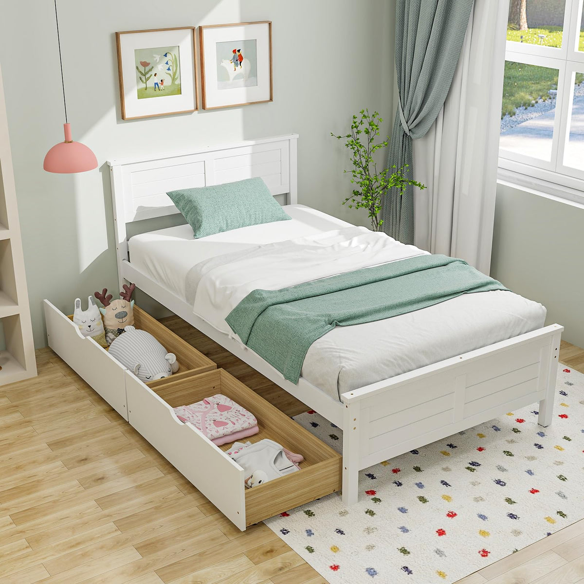 White Wood Twin Bed with 2 Storage Drawers E896