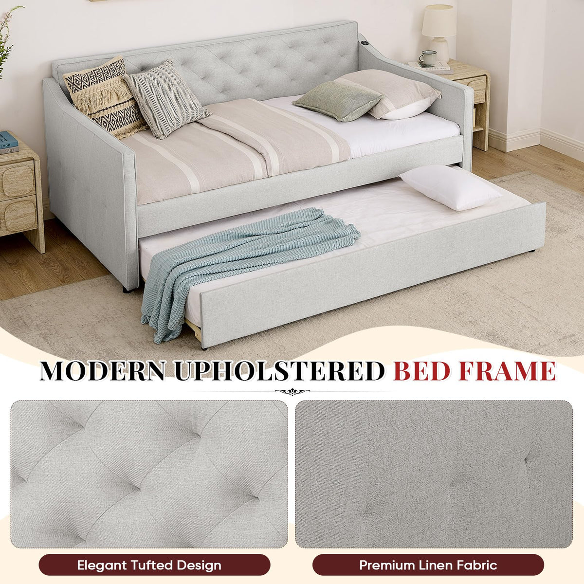 Twin to King Size Beige Daybed with Pop Up Trundle B65643