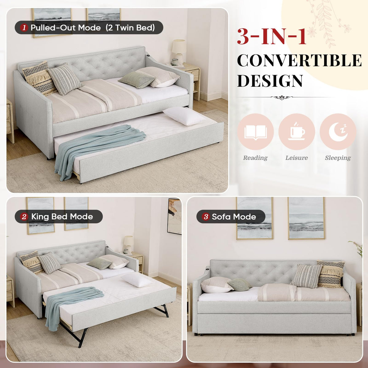 Twin to King Size Beige Daybed with Pop Up Trundle B65643