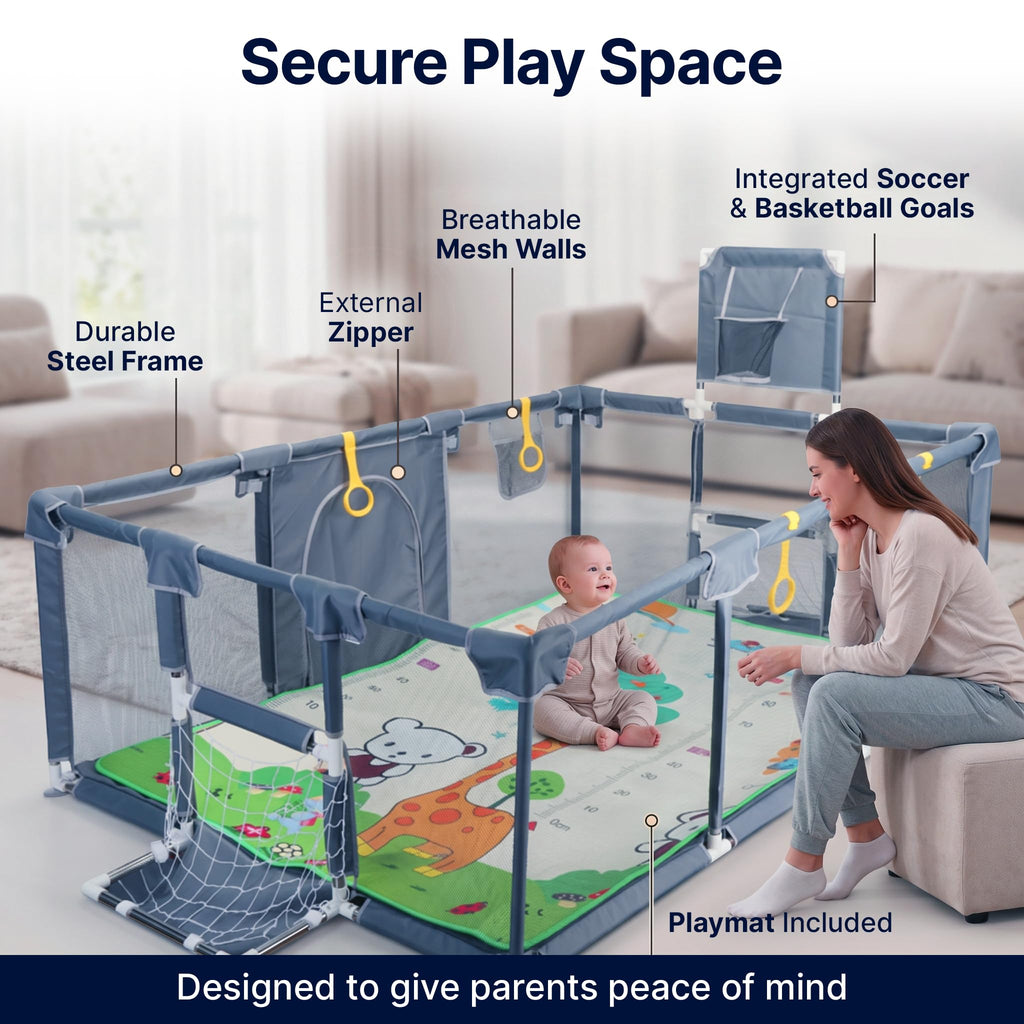 Large Baby Playpen with Foldable Mat, Basketball Hoop, Soccer Nets, 20 Balls, 4 Pull-Up Rings P4719
