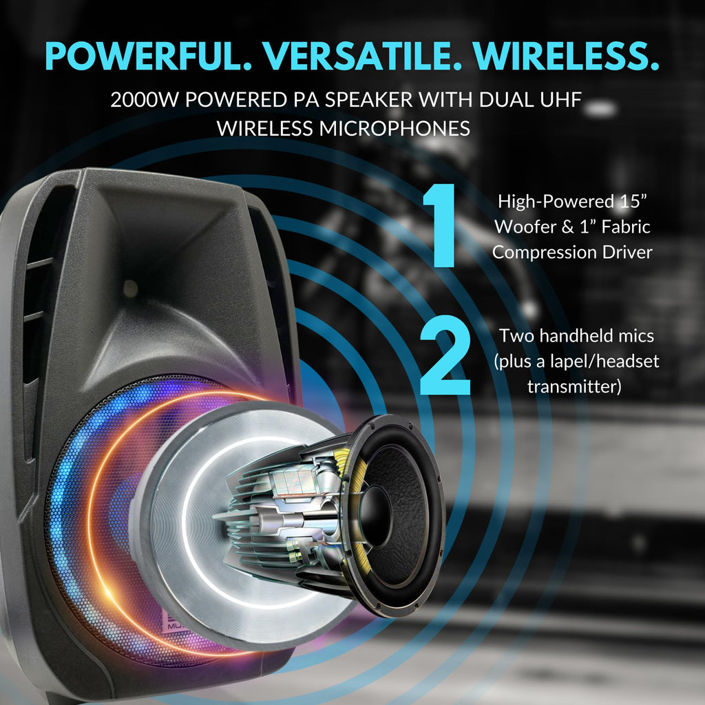 15" 2000W Portable PA Speaker System with Wireless Microphones Y562