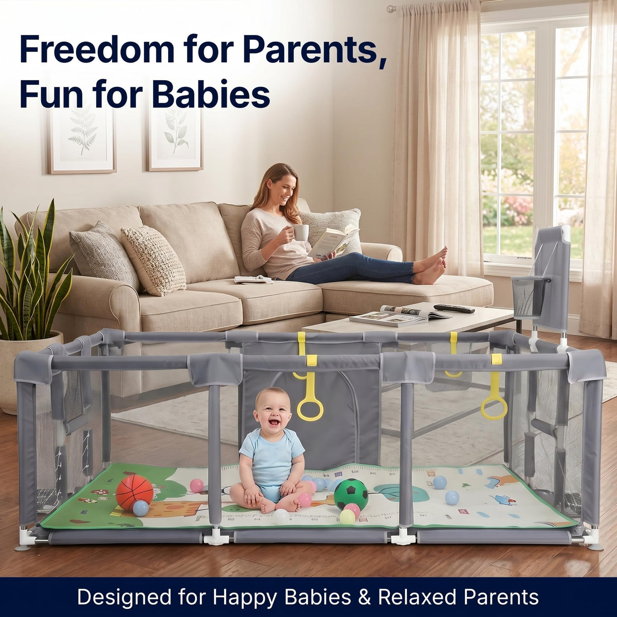 Large Baby Playpen with Foldable Mat, Basketball Hoop, Soccer Nets, 20 Balls, 4 Pull-Up Rings P4719
