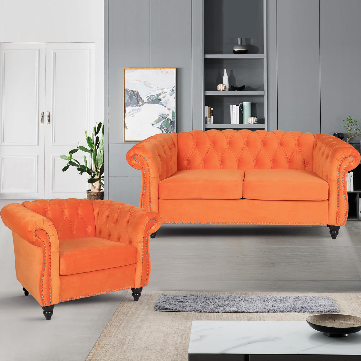 Orange Velvet Upholstered Accent Sofa Chair C3323