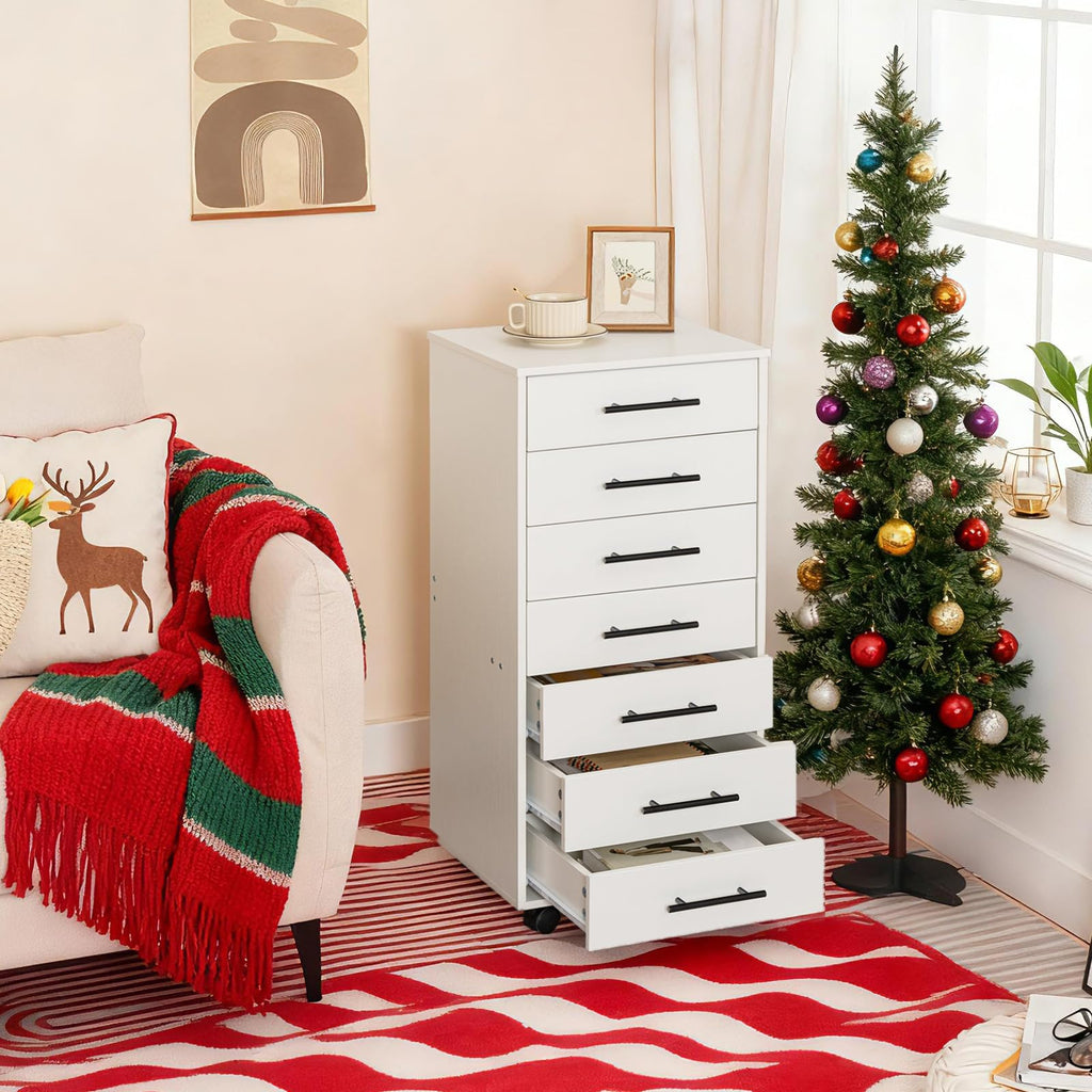 White 7 Drawer Wood File Cabinet I83502