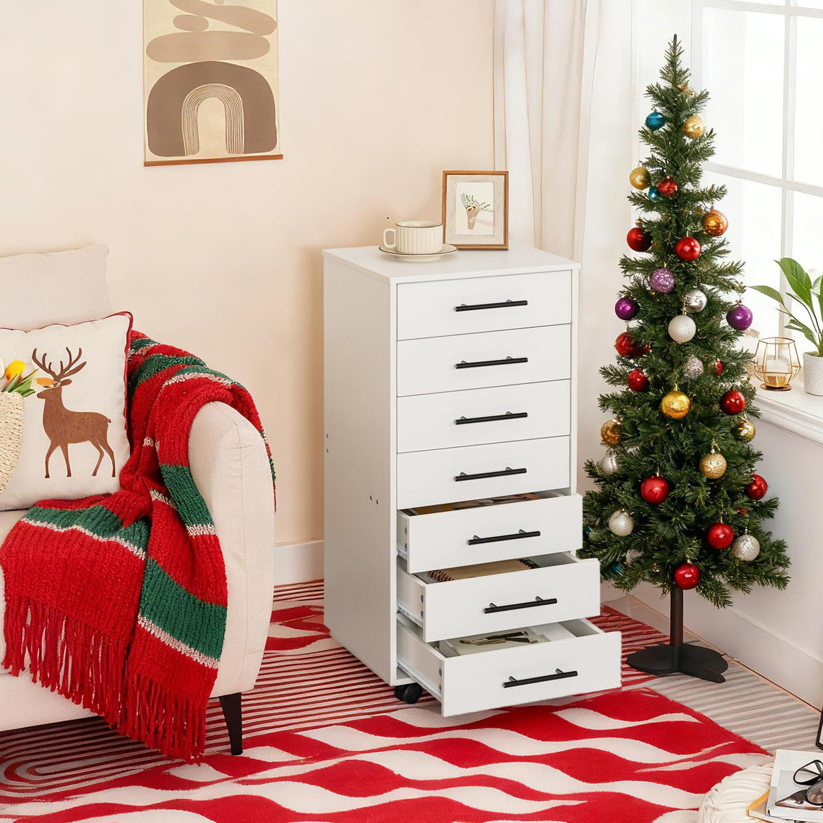 White 7 Drawer Wood File Cabinet I83502