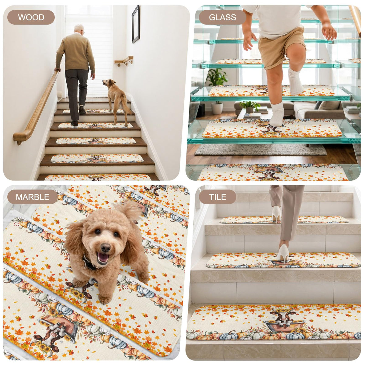 Fall Pumpkin Maple Leaves Non Slip Carpet Stair Treads 4 Pack 8"x30" L816