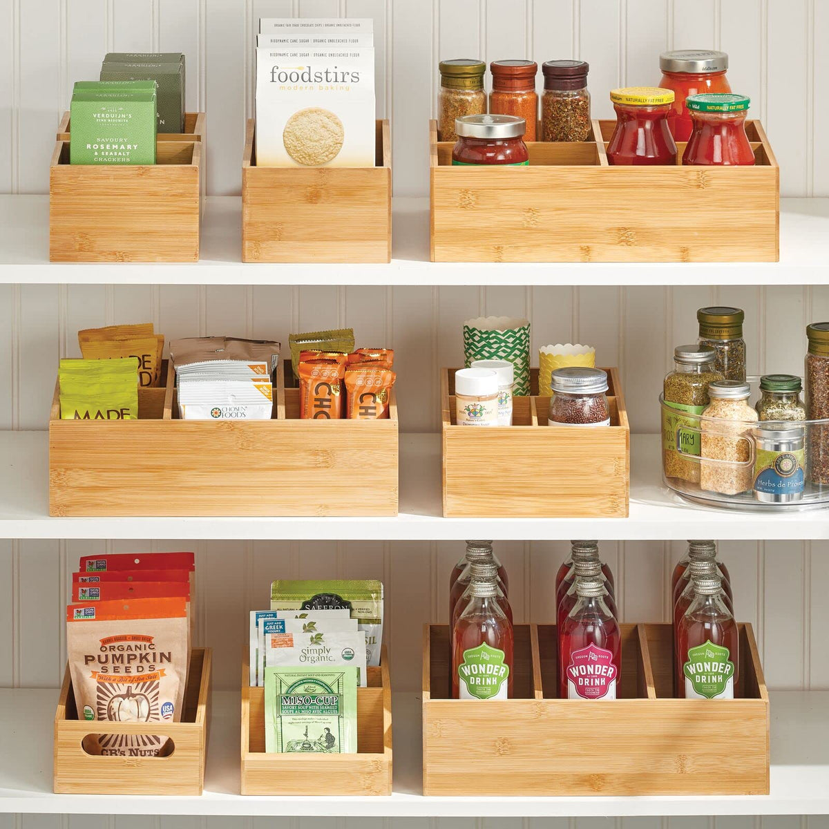 Bamboo 3 Section Stackable Pantry Organizer Bin, 2 Pack F155182