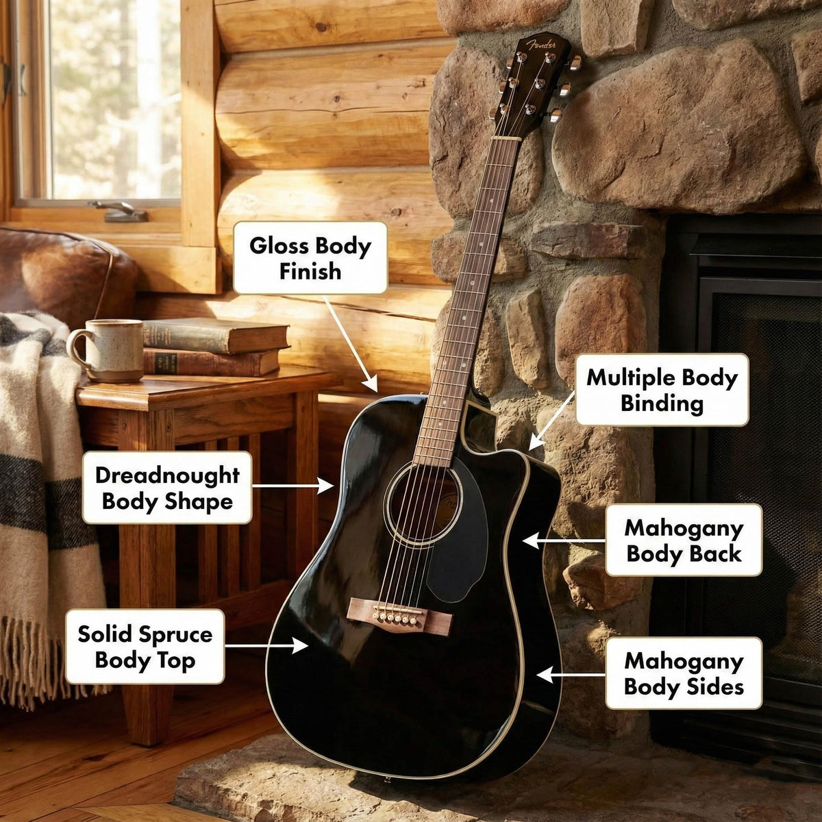 Black Solid Top Dreadnought Acoustic-Electric Guitar with Hard Case V551842