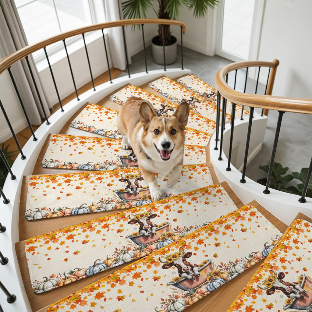 Fall Pumpkin Maple Leaves Non Slip Carpet Stair Treads 4 Pack 8"x30" L816