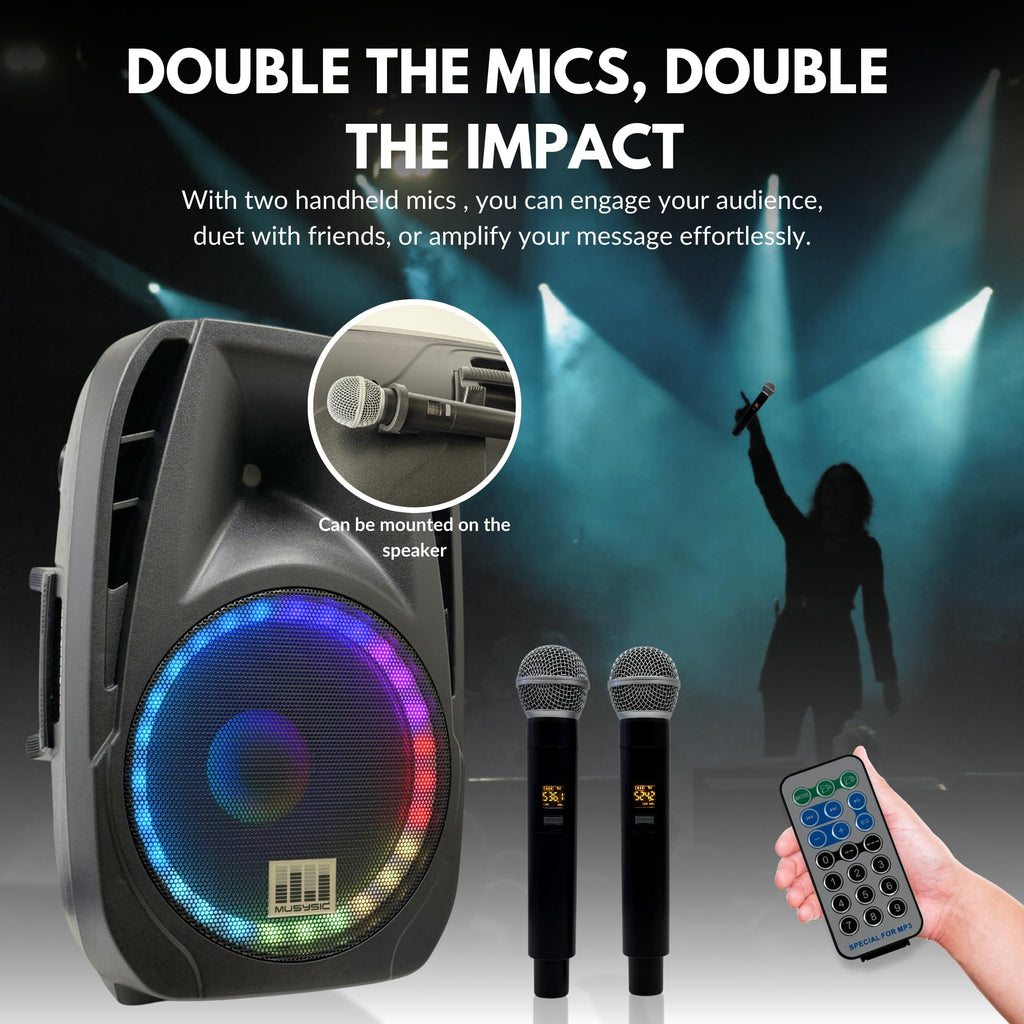 15" 2000W Portable PA Speaker System with Wireless Microphones Y562