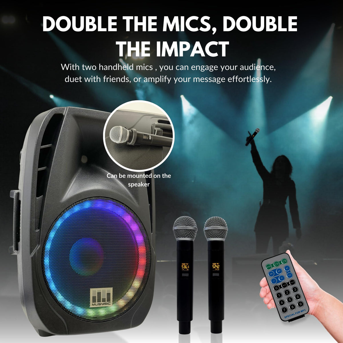 15" 2000W Portable PA Speaker System with Wireless Microphones Y562