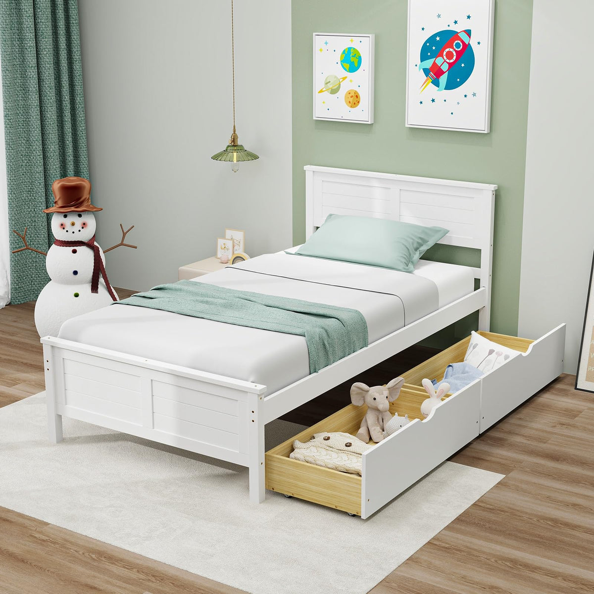 White Wood Twin Bed with 2 Storage Drawers E896