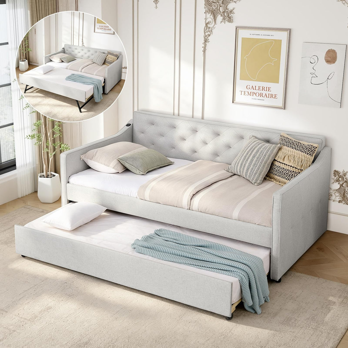 Twin to King Size Beige Daybed with Pop Up Trundle B65643