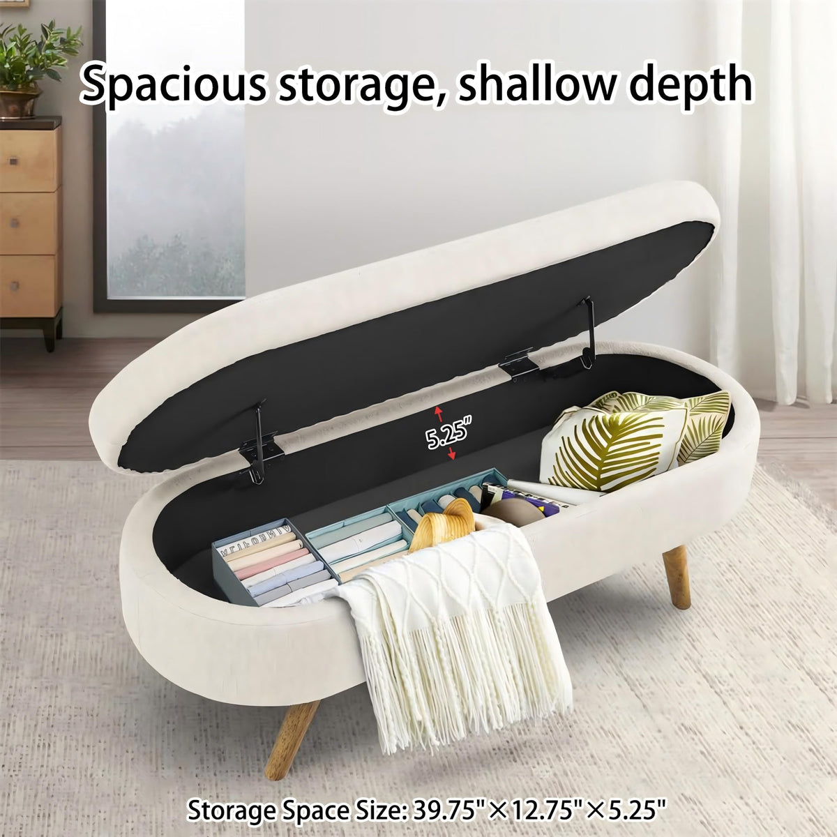 43.5" Beige Upholstered Storage Ottoman Bench T6026