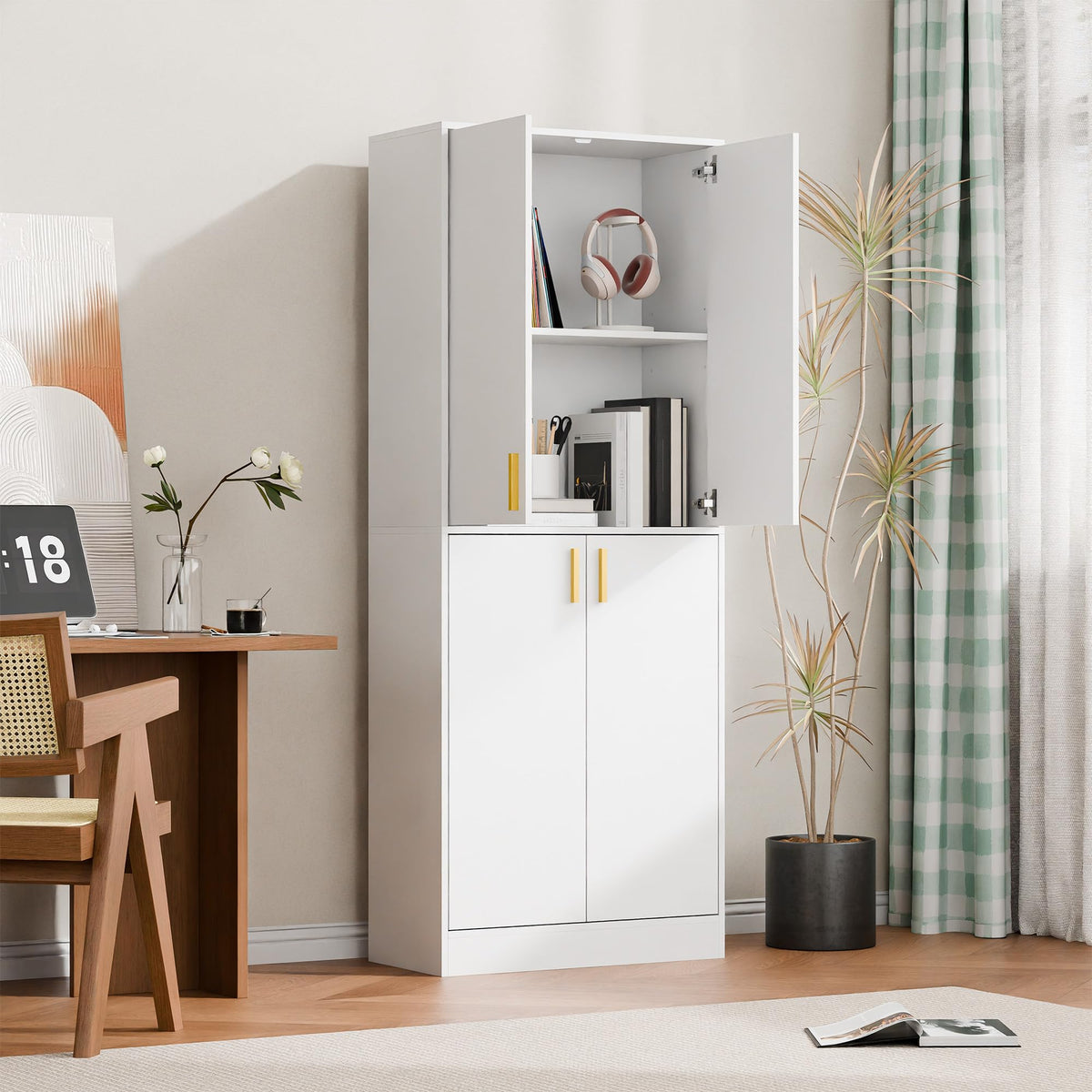 White Wood Storage Cabinet with Doors and Shelves T63439