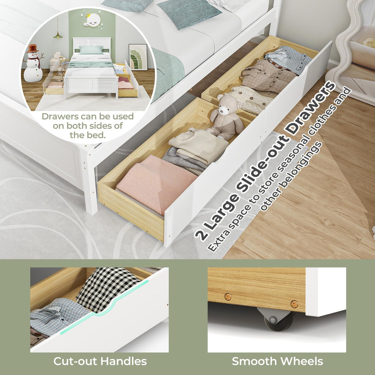 White Wood Twin Bed with 2 Storage Drawers E896