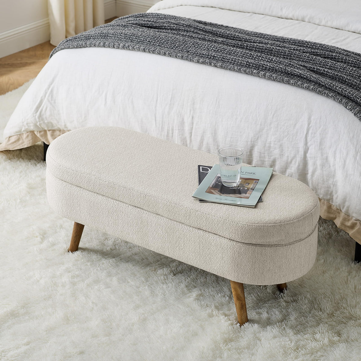 43.5" Beige Upholstered Storage Ottoman Bench T6026