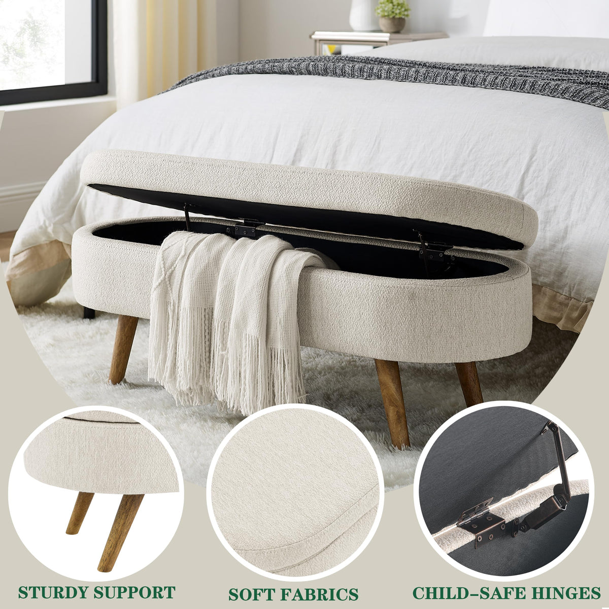 43.5" Beige Upholstered Storage Ottoman Bench T6026