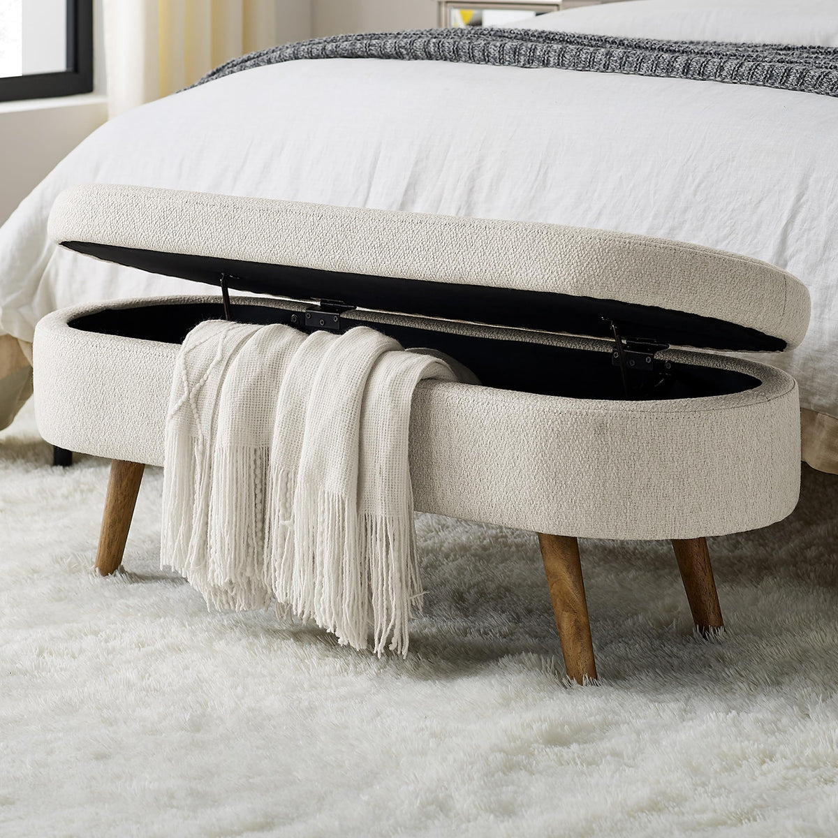 43.5" Beige Upholstered Storage Ottoman Bench T6026
